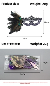 Detailed view of the 36cm x 32cm masquerade lace mask with feathers and rhinestones