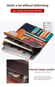 Détails de l'intérieur d'un portefeuille en cuir avec 18 fentes et poche zippée