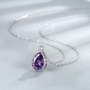 Elegant S925 sterling silver necklace with a teardrop purple crystal pendant
