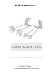 Detail showing dimensions of moon and star stud earrings set with cat eye stones