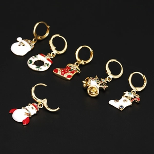Set of 6 Christmas hoop earrings with Santa, bell, and wreath charms in gold finish