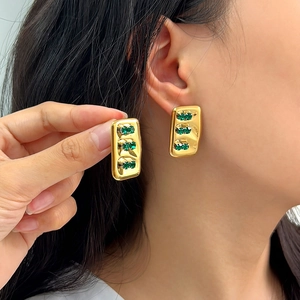 Vintage Rectangular Geometric Stud Earrings Stainless Steel 18K Gold Plated Green Zircon Irregular Surface For Women