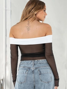 Haut sexy en mesh noir pour femmes avec col contrasté blanc et manches longues