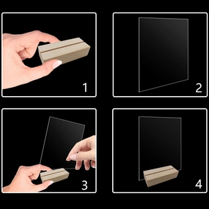 Four-step assembly guide for transparent acrylic table number with wooden base stand