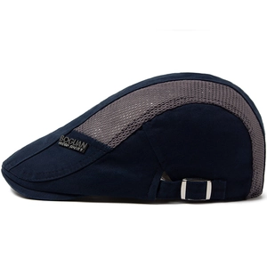 Men's breathable mesh beret flat cap in navy blue and grey with adjustable buckle
