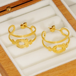 Elegant gold double hoop earrings with horseshoe clasp displayed in a jewelry box