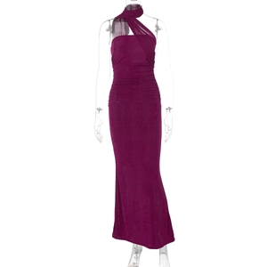 Detail view of the purple one-shoulder evening gown featuring elegant ruched wrapping design