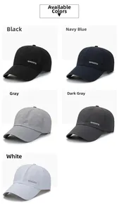Detail of five quick-dry mesh baseball caps in black, navy, grey, and white with SPORTS logo