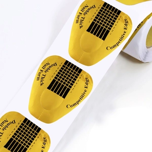 Macro view of gold horseshoe nail forms with 1-7 length scales for precise extensions