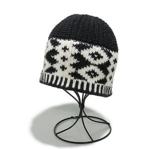 Bohemian geometric diamond pattern knit beanie hat for women in black and white finish