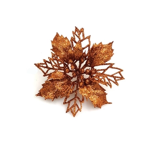 Close-up of bronze glitter artificial flower for Christmas tree decoration on white backdrop