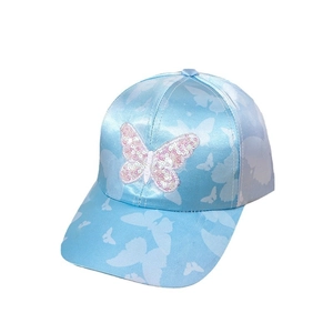 Light blue satin baseball cap for kids with butterfly patterns and pink sequin butterfly patch