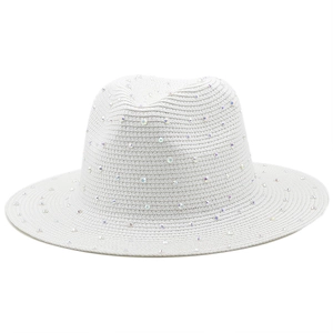 Detail of white wide brim fedora straw hat adorned with sparkling colorful rhinestones