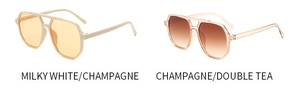 Detail view of large aviator sunglasses in milky white and champagne gradient lenses
