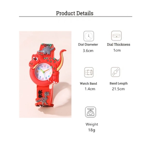 Detailed dimensions of children's red dinosaur watch with dial and band measurements