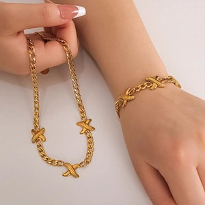 18k gold plated Cuban chain necklace and bracelet set with cross pendant for men