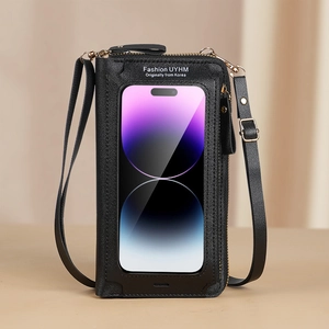 Sacoche de téléphone noire avec fenêtre tactile et bandoulière réglable pratique