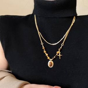 18k gold plated double layer tiger eye stone beaded necklace with cross pendant