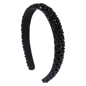 Elegant woven crystal beaded headband in black satin for versatile hair styling