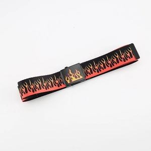Close-up of woven canvas belt with red and yellow fire patterns and black metal buckle