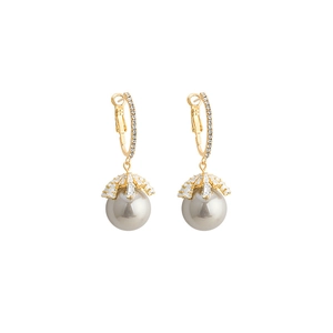 Elegant gold zircon drop earrings with shimmering grey pearls on a clean white background