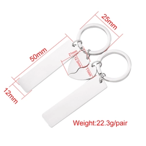 Couple's silver stainless steel rectangular keychain set with heart pendant measurements