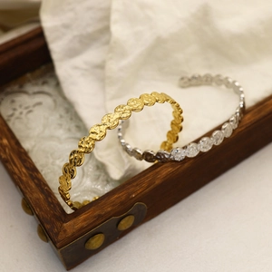 Irregular hammered stainless steel open cuff bracelet in gold and silver finish