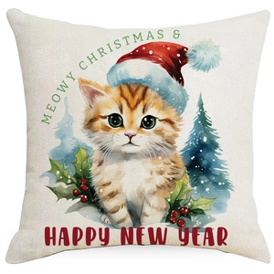 Christmas cat pillow cover in linen fabric with Meowy Christmas watercolor print