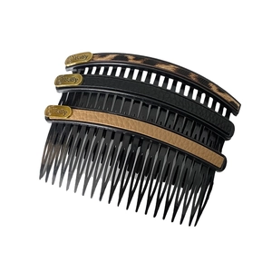 Three-piece hair comb set with leopard print and faux leather textures in black and brown