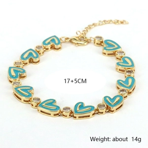 Detail of blue heart enamel bracelet with zircons, adjustable 17 plus 5cm length