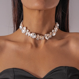 Luxurious geometric silver choker with square and teardrop crystals on model