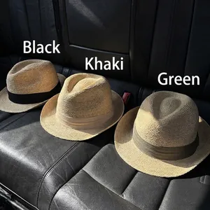 Unisex straw panama hats with black, khaki, and green ribbon bands for sun protection