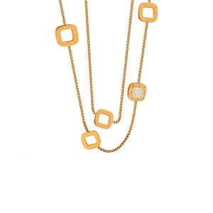 Long Sweater Chain Necklace Titanium Steel Gold Plated Cubic Zirconia Hollow Square Heart Pendant Geometric Jewelry For Women