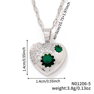 Detailed size specifications for heart pendant necklace with green stones and dimensions