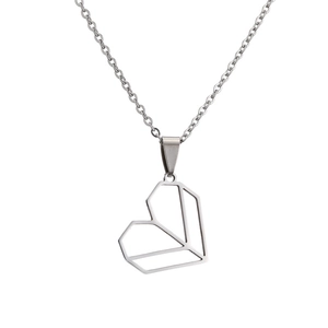 Minimalist silver heart pendant necklace in stainless steel with geometric facets on white