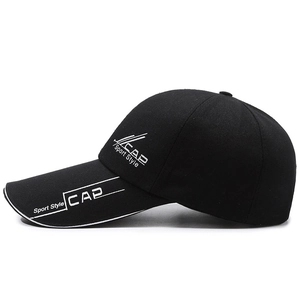 Outdoor sport style baseball cap with extended brim and white letter prints in black
