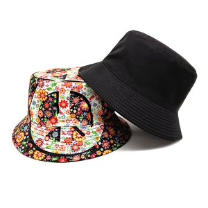 Geometric vintage bucket hat in solid black and colorful floral peace sign patterns