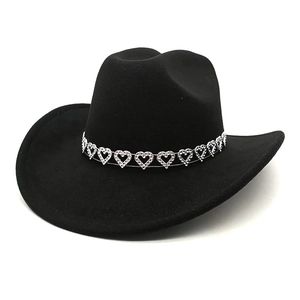 Chapeau De Cowboy Western Feutre Large Bord Protection Solaire Fête Extérieure Rétro Avec Bande De Coeur En Strass