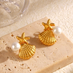 Ocean themed earrings featuring gold starfish and shell designs with pearl accents