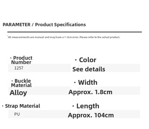 Size specifications for 1.8cm wide PU leather belt with alloy buckle and 104cm length