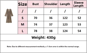 Guide des tailles pour robe crochetée à paillettes avec mesures de buste et manches