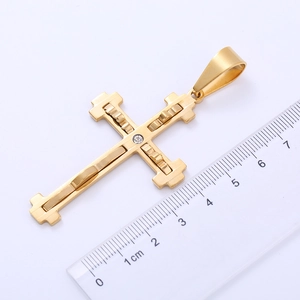 Hip hop gold stainless steel cross pendant with single diamond on ruler for scale