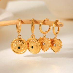 Evil Eye Heart Round Pendant Drop Earrings Stainless Steel Zircon Gold Plated For Women Ins Style Anti Allergy Jewelry