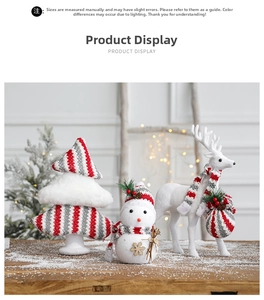 Christmas plush decoration set with striped tree, snowman and white reindeer on snow
