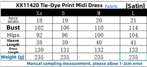 Guide des tailles pour robe midi en satin avec imprimé tie-dye et mesures de longueur