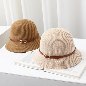 Women Cotton Linen Knitted Bucket Hat With Leather Belt Buckle Sunshade Breathable Foldable French Retro Cloche Hat