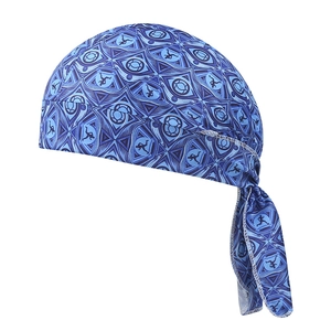 Detail of blue breathable paisley pirate cap featuring running silhouettes and lace-up back
