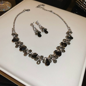 Detailed macro view of black and white rhinestones on necklace and earrings set