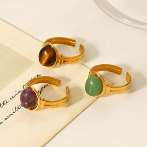 Adjustable 18K gold plated stainless steel rings with green and brown oval gemstones