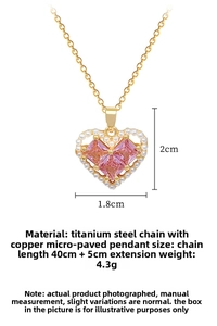 Detail of heart pendant with pink crystal and pearls on a titanium steel chain